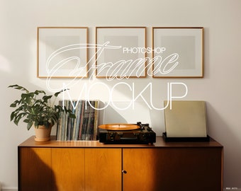 Square Frame Mockup Photoshop Template for Art and Printables | 1x1 Frame Mockup Mid-Century Interior Scene | Three Frame Mockup PSD