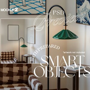 May include: A living room interior design mockup featuring a green floor lamp with a geometric shade, a brown side table with a book, and a brown and white checked armchair. The text "PSD Preview" and "Smart Objects" is superimposed on the image.