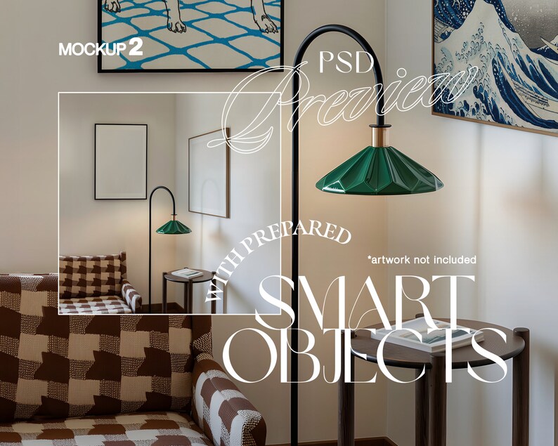 May include: A living room interior design mockup featuring a green floor lamp with a geometric shade, a brown side table with a book, and a brown and white checked armchair. The text "PSD Preview" and "Smart Objects" is superimposed on the image.