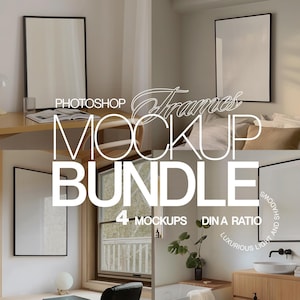 Könnte beinhalten: Ein Mockup-Paket mit vier Rahmen im Verhältnis 4:3. Die Rahmen sind schwarz und haben einen weißen Hintergrund. Die Rahmen werden in verschiedenen Umgebungen gezeigt, darunter ein Schlafzimmer, ein Badezimmer und ein Heimbüro. Der Text "Photoshop Frames Mockup Bundle" wird in weißen Buchstaben auf schwarzem Hintergrund angezeigt.