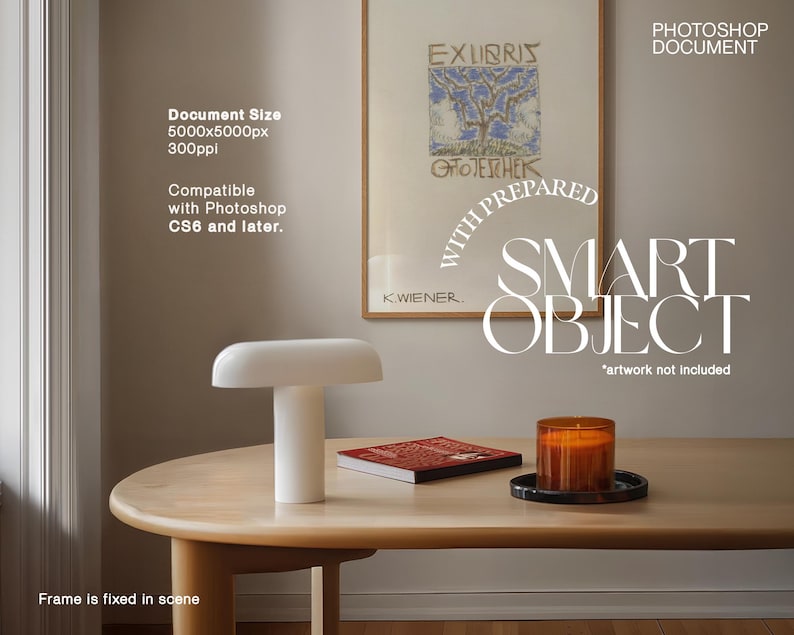 May include: A white table lamp with a rounded top and cylindrical base sits on a light wood table. A framed artwork hangs on the wall. A red book and a candle in a glass jar are also on the table. The image includes the text "Document Size 5000x5000px 300ppi Compatible with Photoshop CS6 and later."