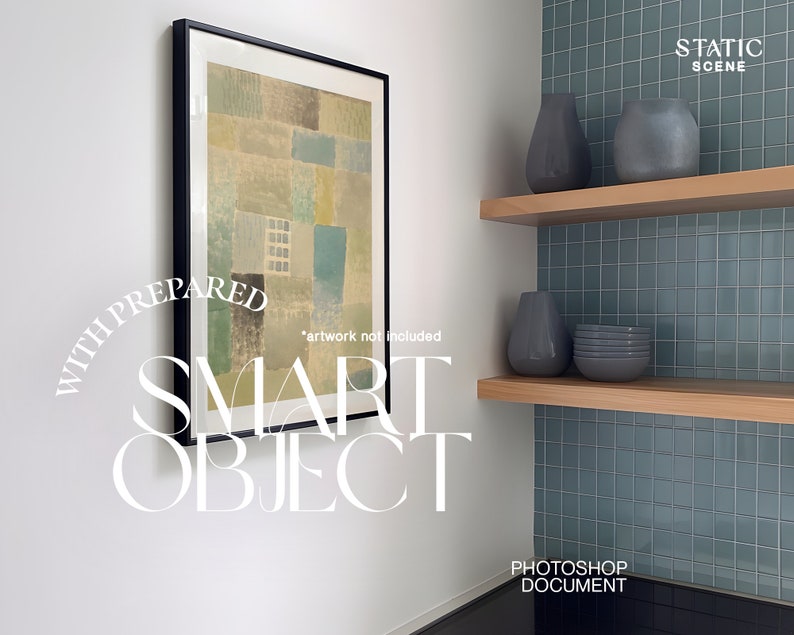 May include: A framed abstract painting with a geometric pattern in shades of green, blue, and brown hangs on a white wall. The painting is in a black frame and is positioned above a shelf with two gray vases and a stack of gray plates. The shelf is made of wood and is mounted on a wall with blue tile.