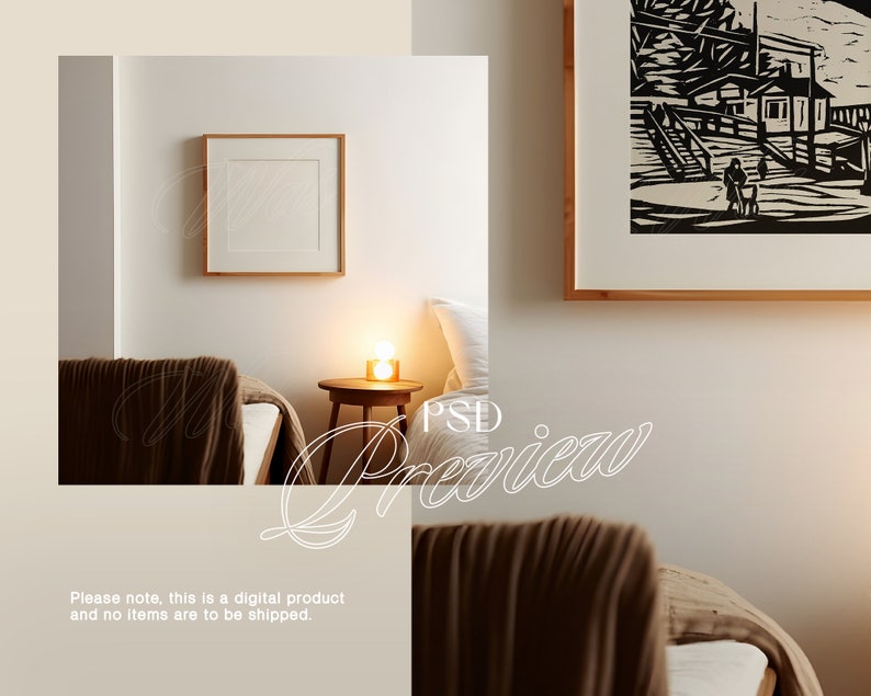 May include: A bedroom interior with two beds, a nightstand with a lamp, and a framed black and white print on the wall. The beds are covered with brown blankets and white pillows. The nightstand is made of wood and has a small lamp on top. The framed print is of a scene with a house and people walking.