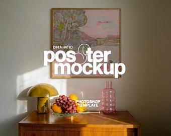 Square Poster Mockup: 1x1 Ratio Wood Frame Classic Interior Photoshop Template (Digital Download)