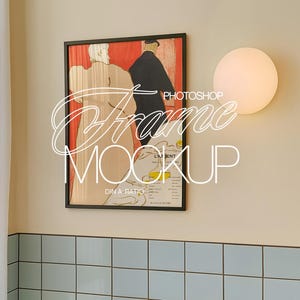 DIN A Black Frame PSD Mockup in Cute Retro Washroom | A3 Photoshop Frame Mockup for Art and Prints Display | Art in Bathroom Mockup