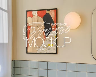 DIN A Black Frame PSD Mockup in Cute Retro Washroom | A3 Photoshop Frame Mockup for Art and Prints Display | Art in Bathroom Mockup