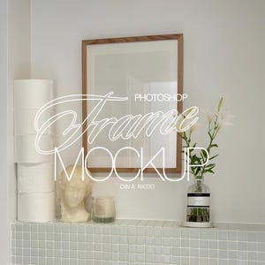 DIN A Wood Frame in Washroom Photoshop Mockup for Art and Prints Display | A4 Mockup Template PSD File for Wall Art in Bathroom Scene