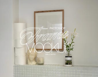 DIN A Wood Frame in Washroom Photoshop Mockup for Art and Prints Display | A4 Mockup Template PSD File for Wall Art in Bathroom Scene