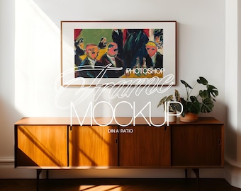 1920x1080 HD Frame Mockup for Art and Prints Display | Frame TV Mockup for Photoshop in Elevated Interior Scene with Moody Lighting