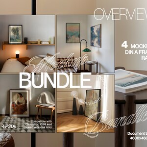 May include: A mockup bundle of four frames with artwork inside, set in a modern interior with a chequered rug, a wooden table, and a lamp. The text "4 Mockups Din A Frame Ratio" is visible in the top right corner of the image.