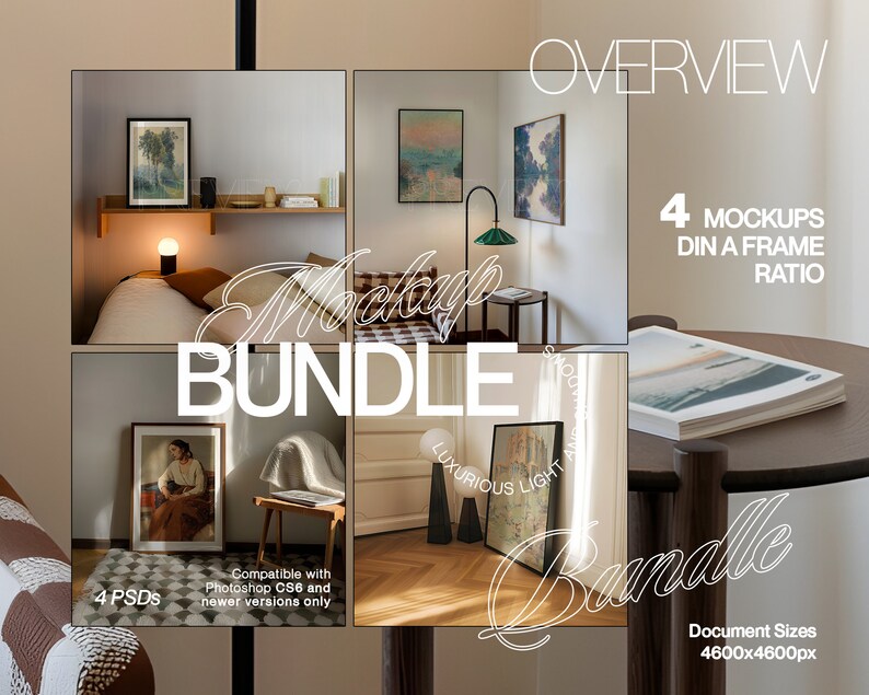 May include: A mockup bundle of four frames with artwork inside, set in a modern interior with a chequered rug, a wooden table, and a lamp. The text "4 Mockups Din A Frame Ratio" is visible in the top right corner of the image.