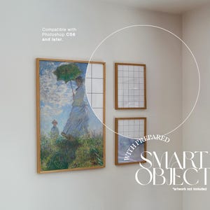May include: Three framed artworks on a white wall. The largest frame features a painting of figures in a field with an umbrella. Two smaller frames have a grid pattern. Text reads "Compatible with Photoshop CS6 and later" and "SMART OBJECT".