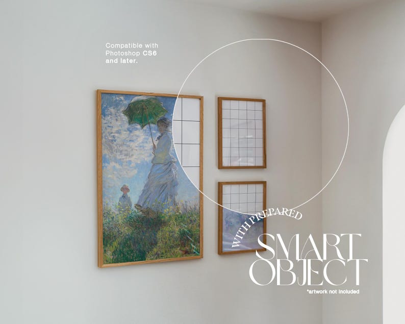 May include: Three framed artworks on a white wall. The largest frame features a painting of figures in a field with an umbrella. Two smaller frames have a grid pattern. Text reads "Compatible with Photoshop CS6 and later" and "SMART OBJECT".