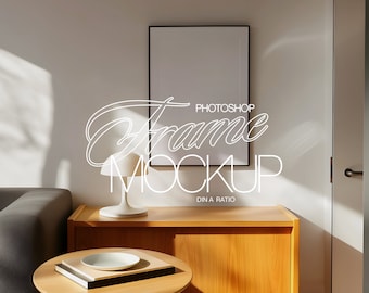 DIN A Black Frame Vertical Mockup for Photoshop | Wall Art PSD Template Frame Mockup in Interior Retro Scene