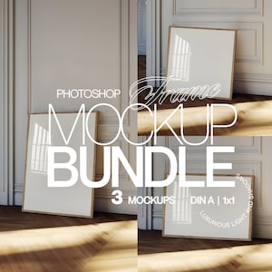 May include: Three empty picture frames in a room with white walls and wooden floors. The frames are all different sizes and are leaning against the walls. The text "Frame Mockup Bundle" is superimposed on the image.