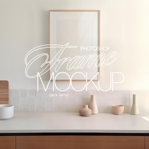 DIN A Wood Frame Photoshop Mockup in Cute Kitchen Scene | A2 Frame Mockup PSD Template for Art and Prints Display | Poster Mockup