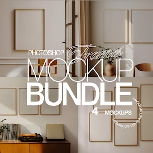 May include: Four photo frame mockups in a room with a wooden chair, a plant, and a record player. The frames are all empty and have a light wood finish. The text "PHOTOSHOP FRAMES MOCKUP BUNDLE 4 MOCKUPS SMOOTH SHADOWS AND LUXURIOUS LIGHT" is visible in the image.