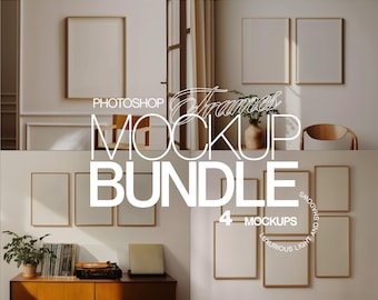 Frame Mockup Pack of Four for Photoshop for Prints and Artwork | Frame PSD Template Bundle | Wood Frame Interior Scene Mockups