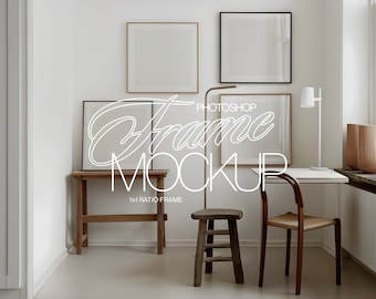 1x1 Frame Mockup Template for Square Artwork and Prints Display | Square Frame PSD Mockup in Minimalist Studio Scene