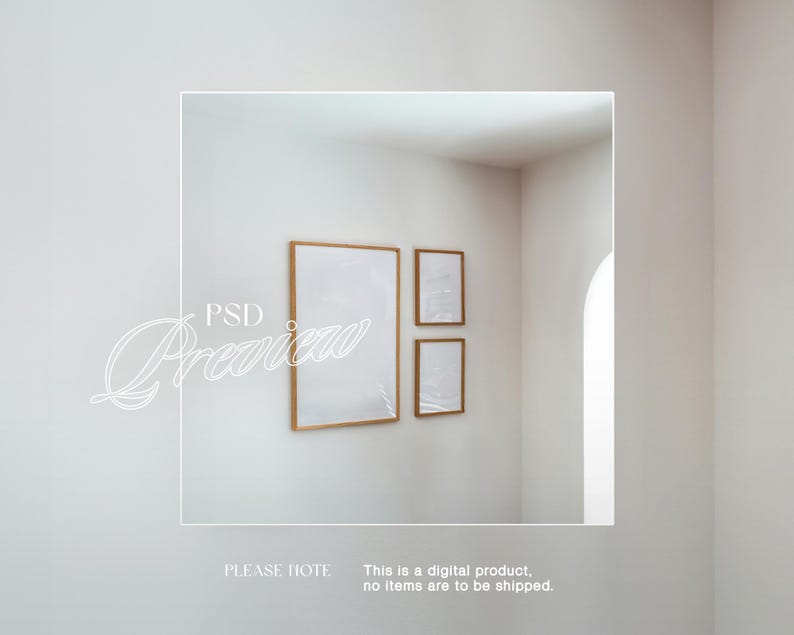 May include: Three framed art prints with wooden frames are displayed on a white wall. The frames vary in size, with a large rectangular print and two smaller square prints. The image includes the text "PSD Preview" and "PLEASE HOTE This is a digital product. no items are to be shipped."