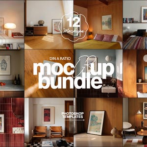 May include: A collection of 12 interior design mockups featuring various rooms with framed wall art. The text reads 12 Mockups, DIN A RATIO, mockup bundle, and PHOTOSHOP TEMPLATES. These digital templates display diverse home settings.