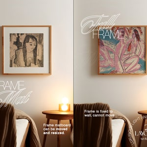 May include: Two framed art prints, one with a black and white image of people and the other with a colorful abstract image. The frame on the left has a mat, while the frame on the right is a full frame. The text "FRAME WITH Mat" is below the left frame and the text "Full FRAME" is above the right frame. The text "Frame matboard can be moved and resized." is below the left frame and the text "Frame is fixed to wall, cannot move." is below the right frame. The text "LUXURIOUS LIGHT AND SHADOWS 2 LAYOUTS 1x1 RATIO" is in the bottom right corner of the image.