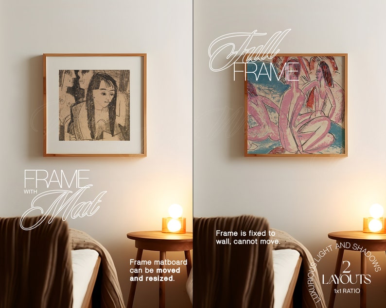 May include: Two framed art prints, one with a black and white image of people and the other with a colorful abstract image. The frame on the left has a mat, while the frame on the right is a full frame. The text "FRAME WITH Mat" is below the left frame and the text "Full FRAME" is above the right frame. The text "Frame matboard can be moved and resized." is below the left frame and the text "Frame is fixed to wall, cannot move." is below the right frame. The text "LUXURIOUS LIGHT AND SHADOWS 2 LAYOUTS 1x1 RATIO" is in the bottom right corner of the image.