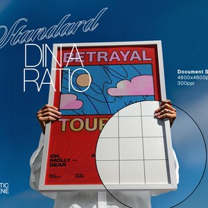 May include: A framed poster with the words "Standard Dina Ratio" in white script. The poster has a red background with the word "BETRAYAL" and a graphic of a blue sky with clouds. The text "TOUR" and "OK, MOLLY - DEAR" are also visible.