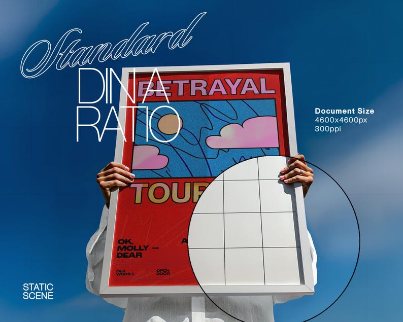 May include: A framed poster with the words "Standard Dina Ratio" in white script. The poster has a red background with the word "BETRAYAL" and a graphic of a blue sky with clouds. The text "TOUR" and "OK, MOLLY - DEAR" are also visible.