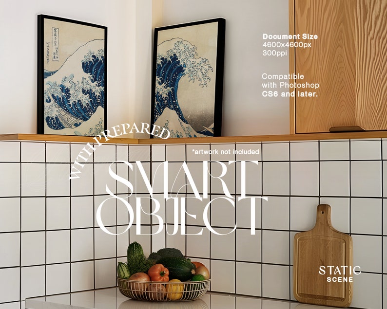 May include: Two framed prints of a Japanese wave design, hanging on a white tiled wall in a kitchen setting. The text "WITH PREPARED SMART OBJECT" is superimposed on the image. A wooden chopping board and a bowl of fruit are on the counter below the prints.