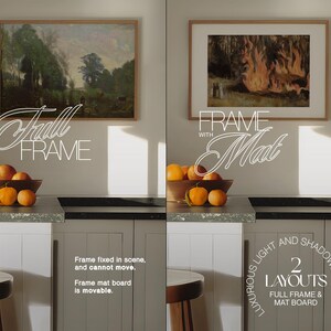 May include: Two framed images, one with a full frame and the other with a frame and mat board. The image on the left shows a landscape scene with trees and a river. The image on the right shows a fiery scene with flames and smoke. The text "Full Frame" is displayed below the left image and "Frame with Mat" is displayed below the right image. The text "Luxurious Light and Shadows 2 Layouts Full Frame & Mat Board" is displayed in the bottom right corner of the image.