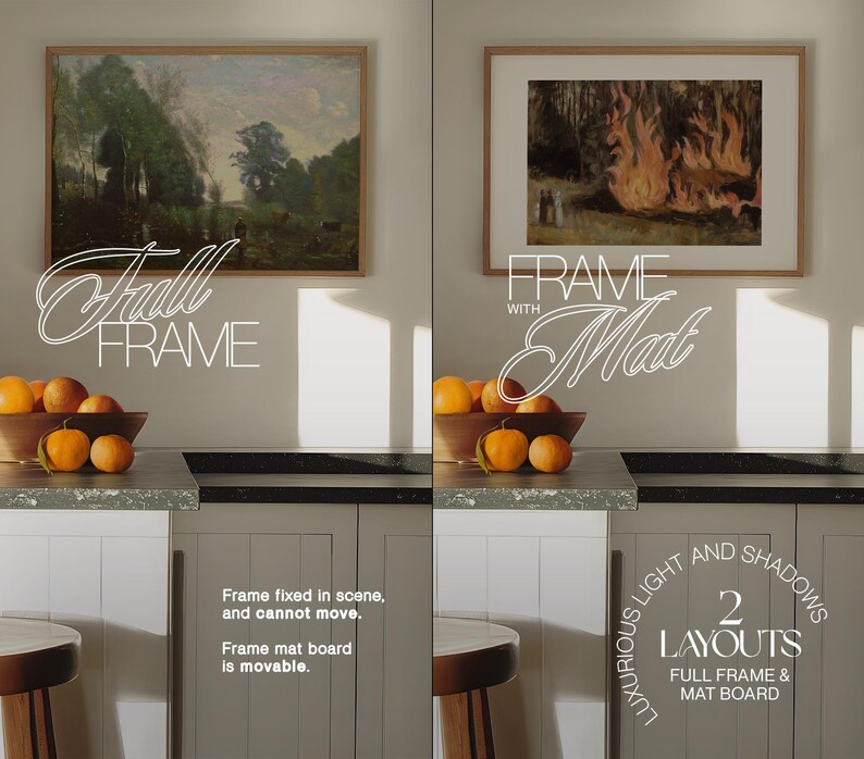May include: Two framed images, one with a full frame and the other with a frame and mat board. The image on the left shows a landscape scene with trees and a river. The image on the right shows a fiery scene with flames and smoke. The text "Full Frame" is displayed below the left image and "Frame with Mat" is displayed below the right image. The text "Luxurious Light and Shadows 2 Layouts Full Frame & Mat Board" is displayed in the bottom right corner of the image.