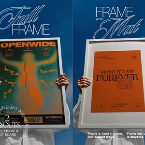 May include: Two white framed art prints against a blue backdrop. One print has an orange and green abstract design with the text "OPENWIDE". The other print has an orange background with the text "MAKE IT LAST FOREVER".