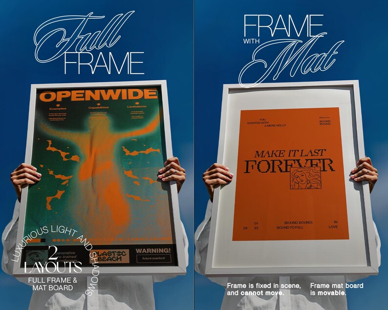 May include: Two white framed art prints against a blue backdrop. One print has an orange and green abstract design with the text "OPENWIDE". The other print has an orange background with the text "MAKE IT LAST FOREVER".
