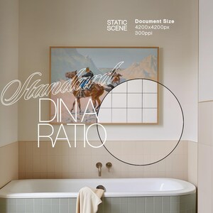May include: A bathroom scene featuring a white bathtub with a towel, a framed painting of a horse and rider, and a tiled wall. The text "Standard DINA Ratio" is overlaid on the image, along with document size information.