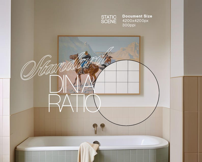 May include: A bathroom scene featuring a white bathtub with a towel, a framed painting of a horse and rider, and a tiled wall. The text "Standard DINA Ratio" is overlaid on the image, along with document size information.
