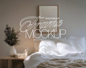 DIN A Wood Frame Photoshop Template in Bedroom with Subtle Christmas Decor for Art and Prints Display | A3 PSD Frame Mockup Xmas Festive