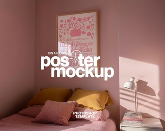 Vertical Frame Mockup: DIN A Poster Side-Angle in Pink Bedroom Scene for Photoshop (Digital Download)