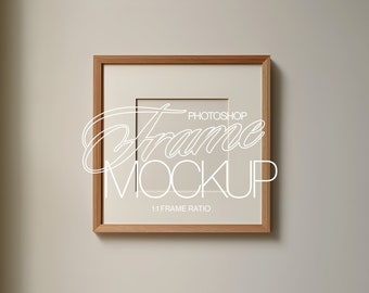 Square Frame Photoshop Mockup | 1:1 Wood Frame PSD Template for Prints and Artwork | Photoshop Frame Mockup with Movable Mat Board