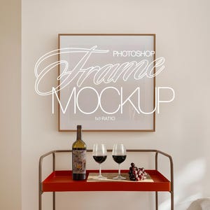 1x1 Wood Frame Photoshop Mockup Template in Styled Retro Interior Scene with Trendy Bar Cart | Square Frame Mockup PSD for Art and Prints