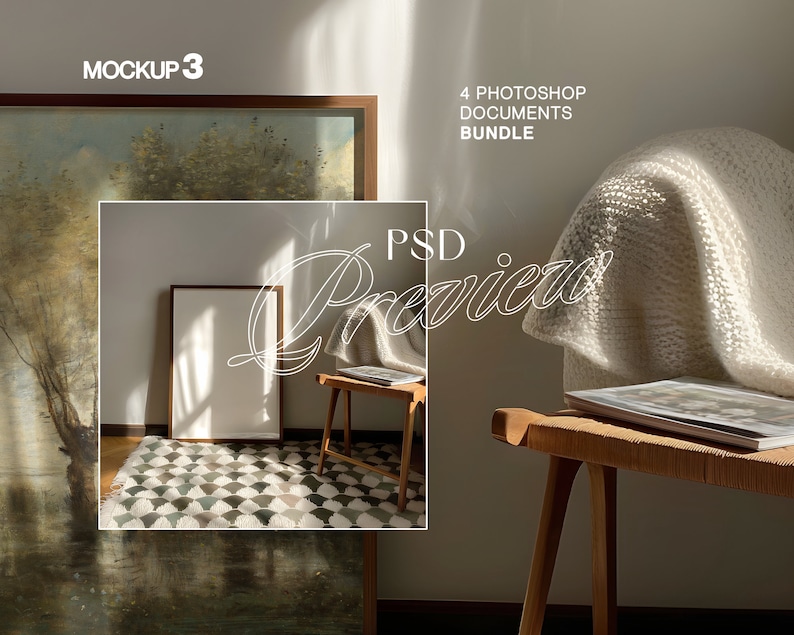 May include: A mockup of a framed painting with a white frame and a white mount. The painting depicts a landscape with trees and water. The frame is resting on a rug with a geometric pattern. The rug is in front of a wall with a white frame and a white mount. The frame is empty. The wall is in front of a window with sunlight streaming through it. The window is in front of a white blanket. The blanket is on a wooden stool. The stool is in front of a wall with the text "4 Photoshop Documents Bundle" on it. The text is in black and white. The text is in a sans-serif font. The text is in all caps. The text is centred on the wall. The text is in the upper right corner of the image. The image is in a warm colour palette. The image is in a horizontal format.