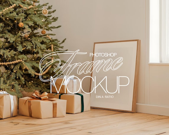 DIN A Deep Wood Frame Mockup for Photoshop in Luxe Christmas Scene | A3 Artwork and Prints Display Mockup PSD | Festive Scene Xmas Mockup