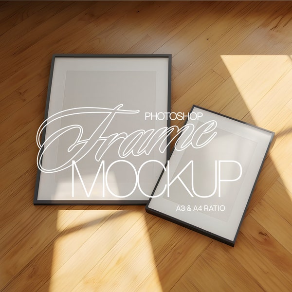 A3 und A4 schwarzer Rahmen Photoshop Mockup Vorlage im Luxuriösen Motiv | DIN A Rahmen PSD Vorlage für Kunst und Poster Anzeige