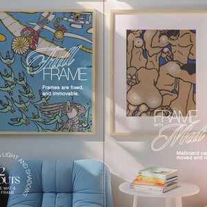May include: Two framed images, one with a full frame and the other with a frame and mat. The image on the left is a colorful illustration of birds flying in the sky. The image on the right is a black and white illustration of people. The text on the left image reads "Full Frame" and "Frames are fixed, and immovable." The text on the right image reads "Frame with Mat" and "Matboard can be moved and resized."