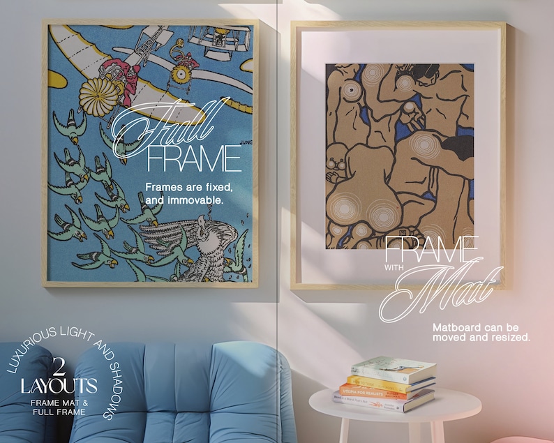 May include: Two framed images, one with a full frame and the other with a frame and mat. The image on the left is a colorful illustration of birds flying in the sky. The image on the right is a black and white illustration of people. The text on the left image reads "Full Frame" and "Frames are fixed, and immovable." The text on the right image reads "Frame with Mat" and "Matboard can be moved and resized."