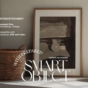 May include: A framed artwork with a neutral color palette, featuring a still life with a pitcher and cup. A woven basket and a bowl of lemons are in the foreground. Text on the image reads "PHOTOSHOP DOCUMENT" and "SMART OBJECT".