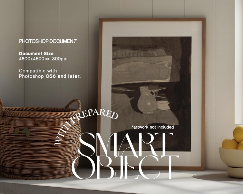 May include: A framed artwork with a neutral color palette, featuring a still life with a pitcher and cup. A woven basket and a bowl of lemons are in the foreground. Text on the image reads "PHOTOSHOP DOCUMENT" and "SMART OBJECT".