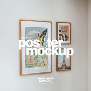 May include: A set of three framed posters with wooden surrounds hanging on a wall. The largest poster features a butterfly illustration. The other two posters have vintage designs. The words "MULTIPLE FRAME poster mockup" are overlaid.