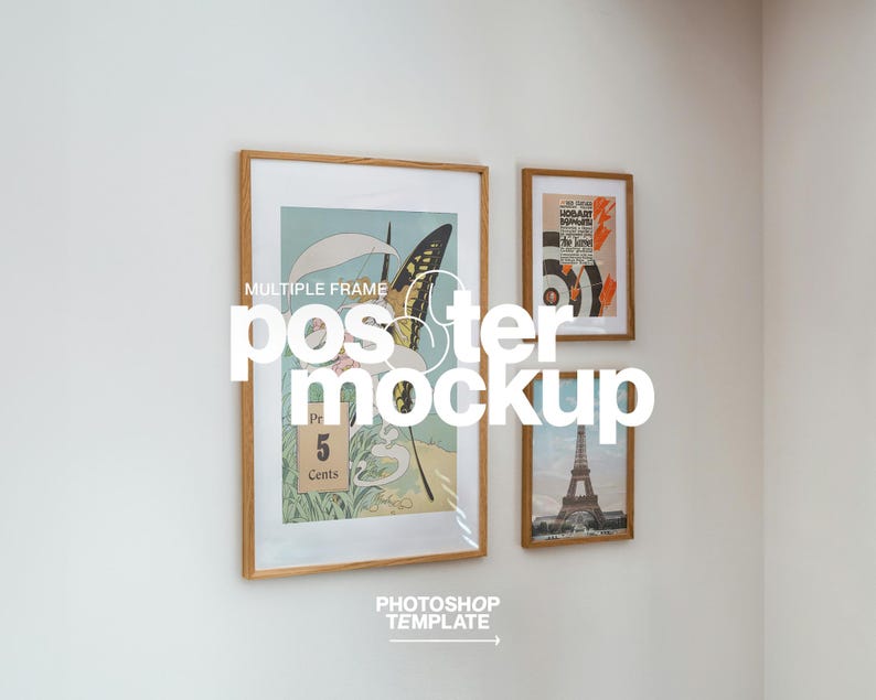 May include: A set of three framed posters with wooden surrounds hanging on a wall. The largest poster features a butterfly illustration. The other two posters have vintage designs. The words "MULTIPLE FRAME poster mockup" are overlaid.