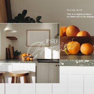 May include: A kitchen interior with a white countertop, white cabinets, and two wooden bar stools. A framed picture hangs on the wall above the countertop. A bowl of oranges sits on the countertop. The text "PSD Preview" is written in white on the image.